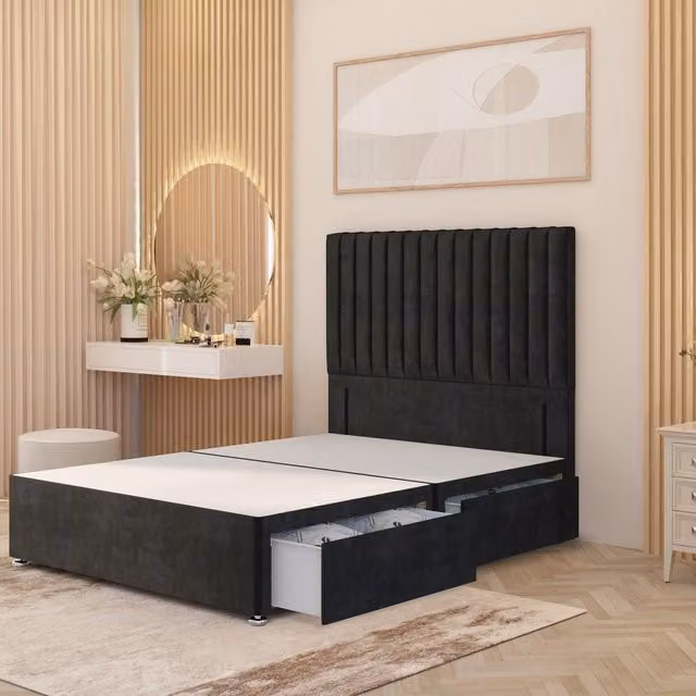Somnior Beds Ltd Verona Divan Bed Base with Drawers and Upholstered Frame in Black Plush Velvet, W/D/H: 180 x 200 cm
