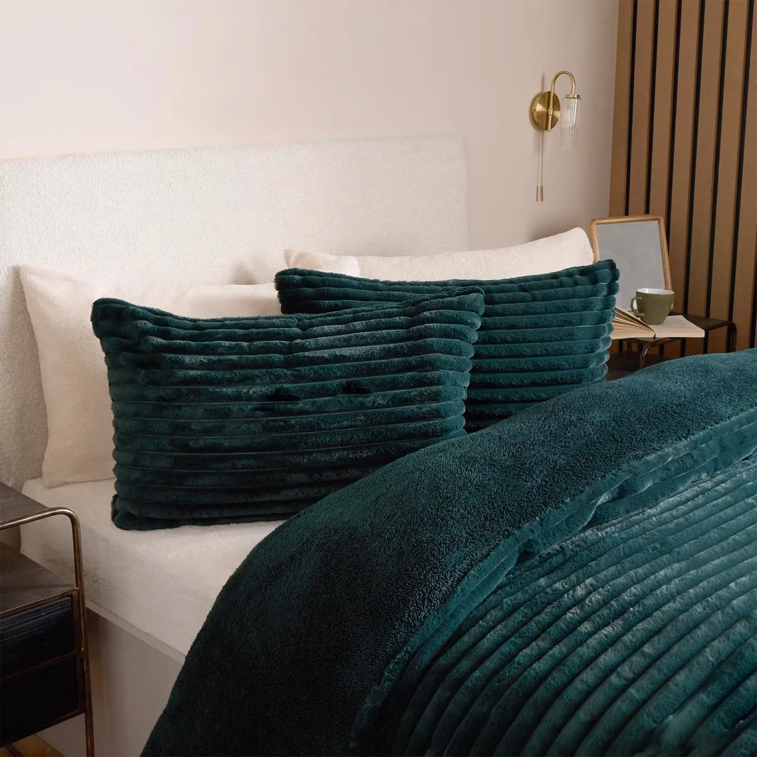 OHS Green Faux Fur Ribbed Duvet Cover and Bedding Set, King Size, W: 180 cm, L: 200 cm – 3