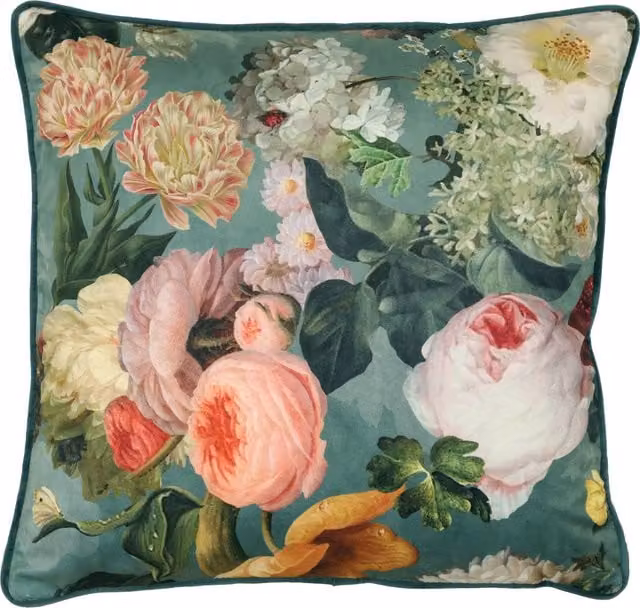 Linda Barker Home Florabunda Velvet Square Filled Cushion, Petrol Blue and Multicolour, W/D/H: 45 x 45 x 45 cm
