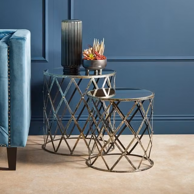 Orsina Set of Two Industrial Diamond Design Silver Round Nesting Tables with Glass and Metal Tops – 1