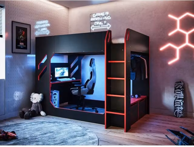 Flair Recoil Shuttle LED Gaming High Sleeper Small Double in Black and Red, W/D/H: 235.4 x 120 x 146.1 cm – 1