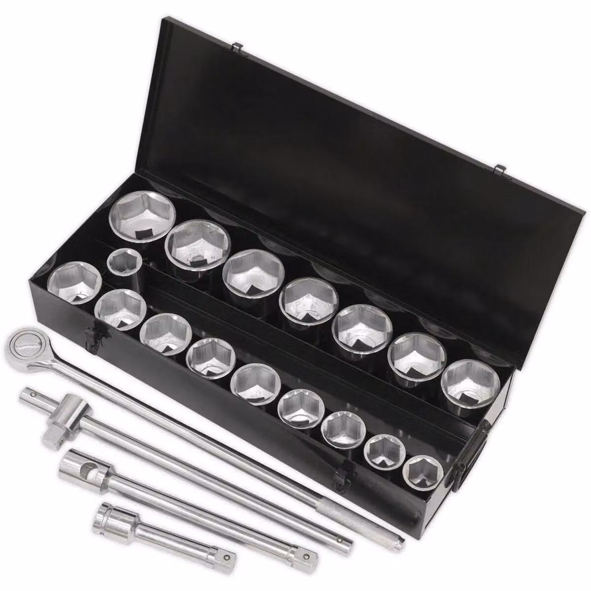 Loops 21pc Premium Deep Socket and Ratchet Handle Set, 1 inch Square Drive, 6 Point Metric, Silver and Multicolour – 3
