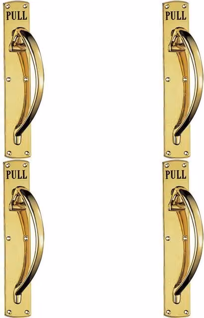 Loops Set of 4 Curved Right Handed Door Pull Handles Engraved with Pull in Polished Brass
