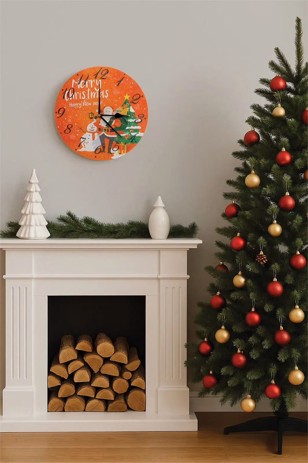 Netagon Christmas Santa and Snowman Design Battery Operated Round Wall Clock in Red – 6