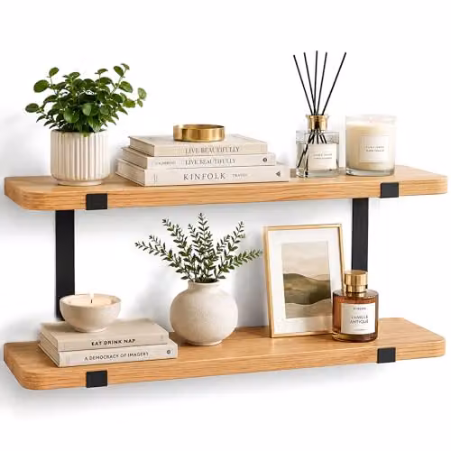 Innoteck 2 Tier Floating Wall Mounted Shelves in Oak Effect with Black Metal Brackets, Width: 60 cm