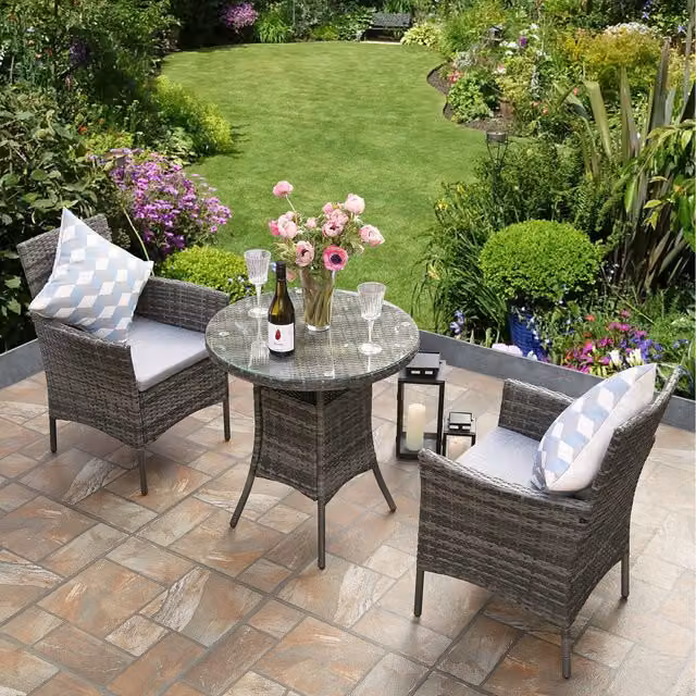 RayGar Deluxe 2 Seater Round Bistro Set in Grey Polyrattan with Glass Tabletop