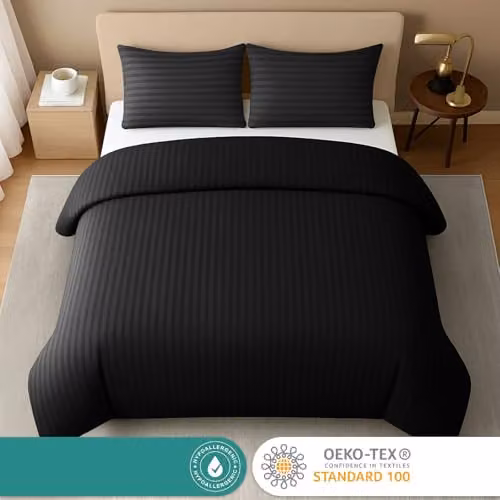 Pamposh Black Satin Stripe Microfibre Double Duvet Cover and Pillowcase Set – 3