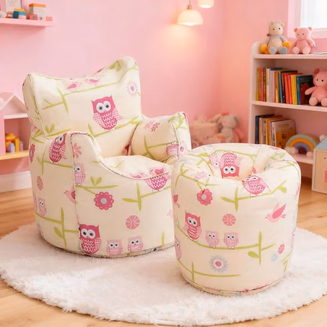 Ready Steady Bed Kids Owl Print Bean Bag Chair in Multicolour