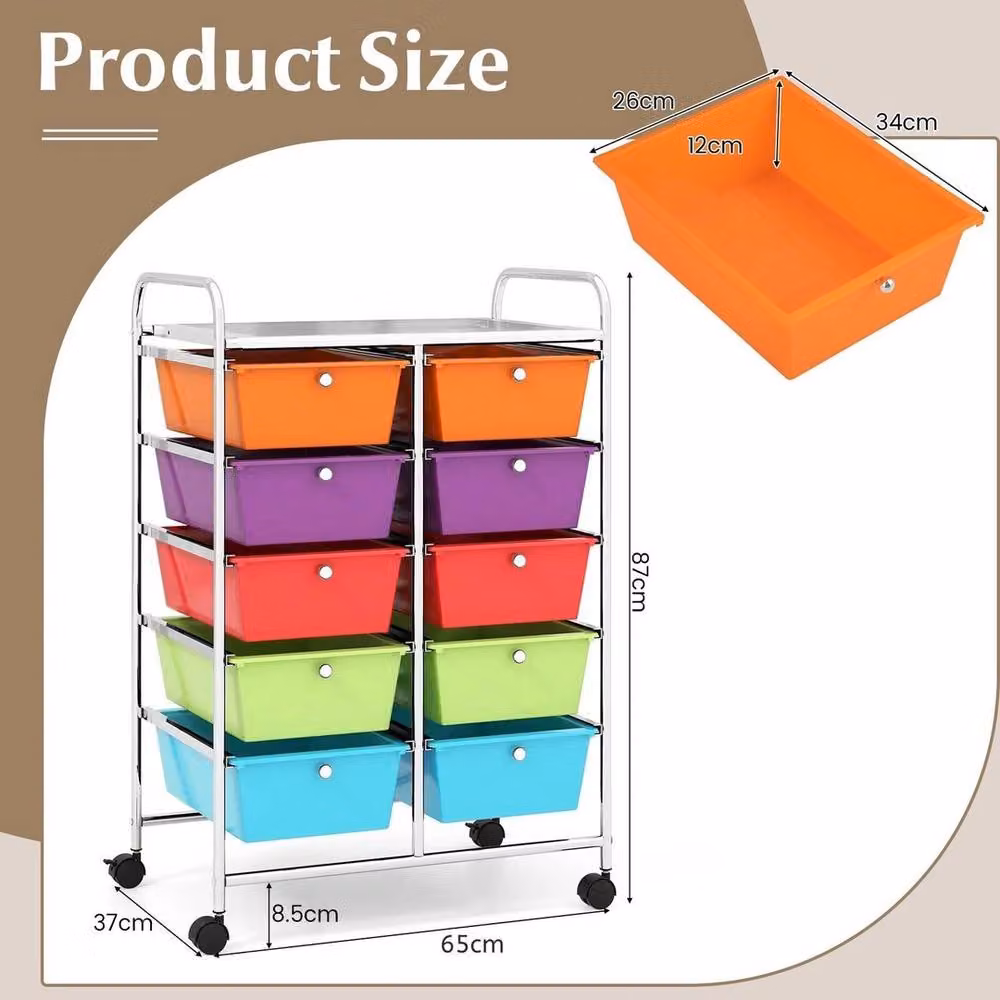 VOGREX 10-Drawer Multicolour Metal Rolling Storage Cart with Castors – 2