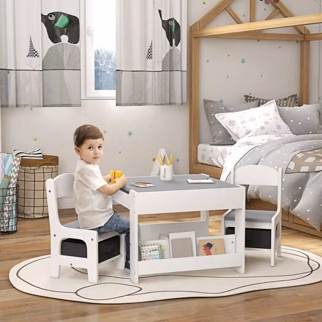 HOMCOM 3-Piece Kids Table and Chair Set in Grey