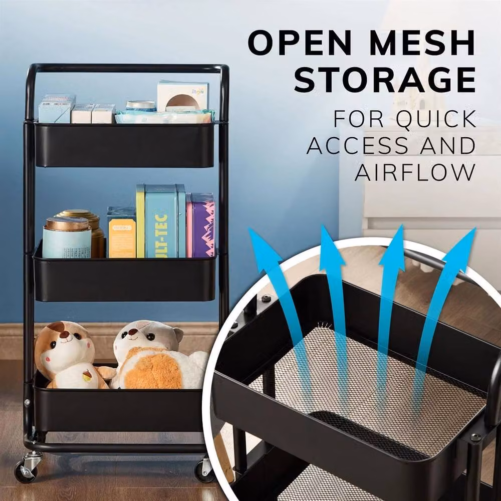 FORGEVIO Multi-Purpose Metal Storage Trolley Cart with Trays and Wheels, Black – 5