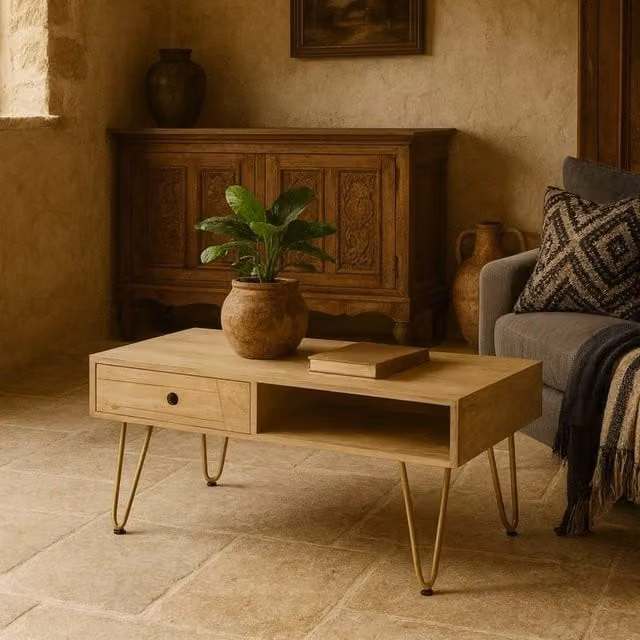 Wyld Haus Bali Mango Wood Coffee Table in Light Natural Finish with Gold Inlays, Brown, W/D/H: 60 x 45 x 42 cm – 1