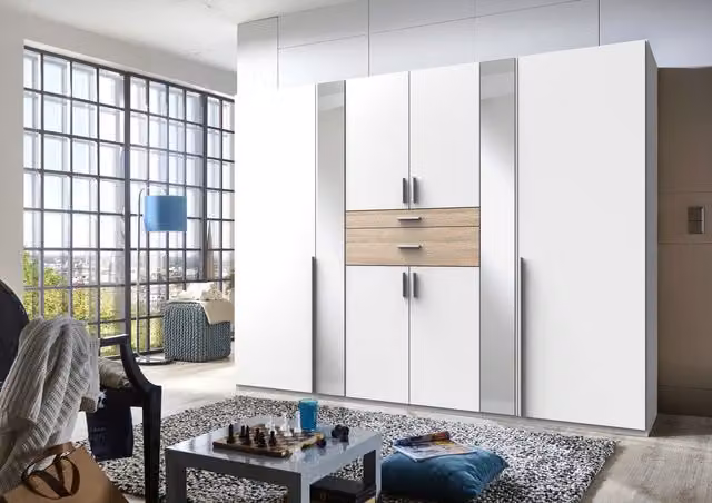 Odessa 6 Door Modern White and Oak Wardrobe with Mirror and Internal Shelving