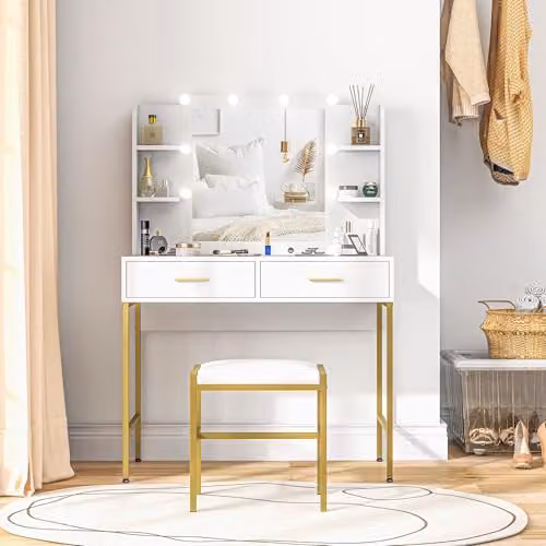 HOMCOM Makeup Vanity Desk Set with Hollywood LED Lighted Mirror, Stool and Drawers, White, W/D/H: 132.5 x 45 x 76.7 cm
