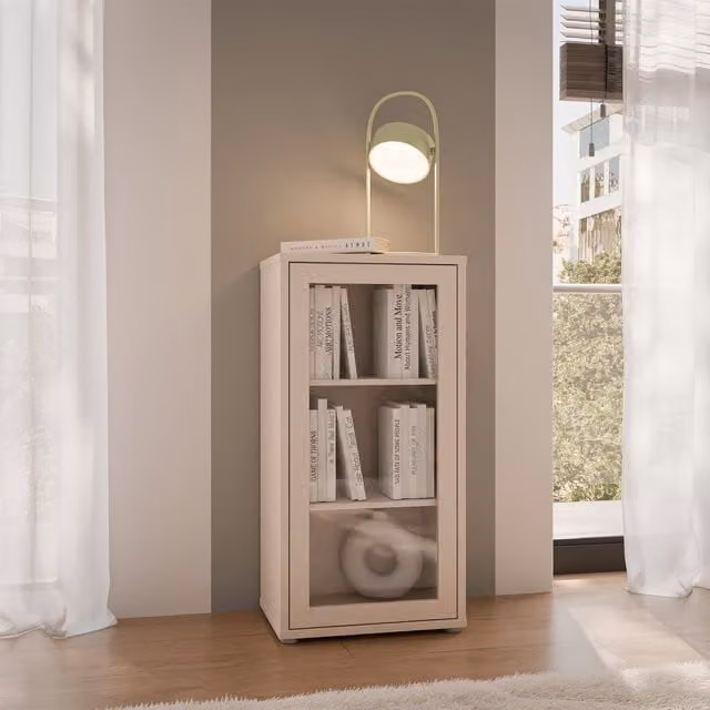Furniture To Go Alice Springs Low Glass Fronted Cabinet with Push-Open Door in Sand