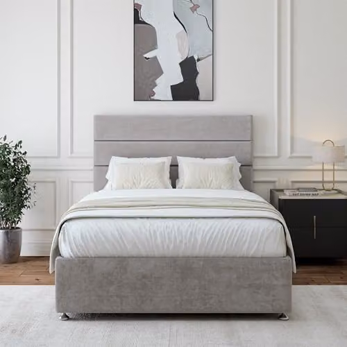 Bedmaster Naples Velvet Divan Bed Base with Storage and Lined Headboard, Grey, W/D/H: 200 x 180 x 38 cm