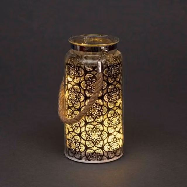 Shatchi Black Floral Etched Glass Christmas Jar Table Lamp with LED Fairy Lights, H 20 cm x W 10 cm x D 10 cm – 3