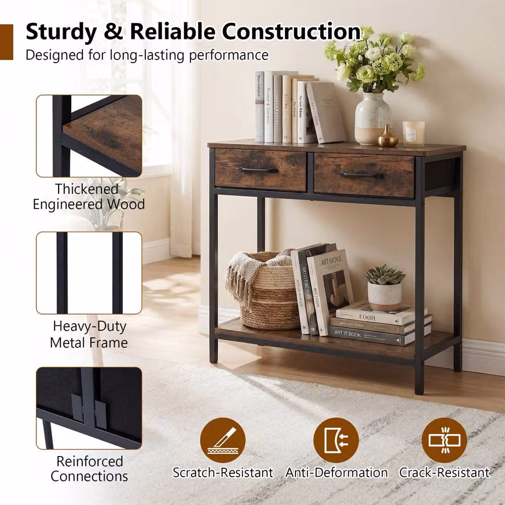 Gymax Brown Industrial Console Table with 2 Fabric Drawers – 8