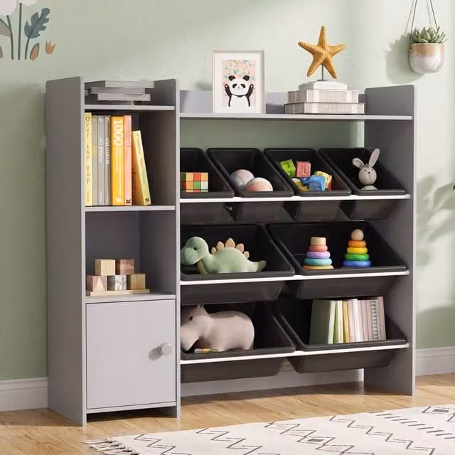 STILVORA Toy Storage Unit with 8 Bins in Grey, W/D/H: 100 x 30 x 30 cm