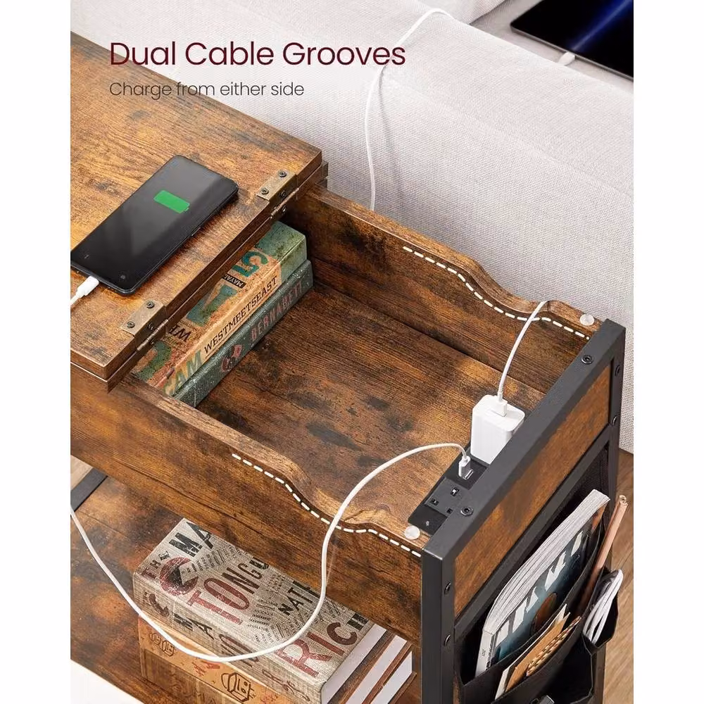 FORGEVIO Slim Narrow Bedside Side Table with Built-In Charging Station in Brown Wood Finish – 3