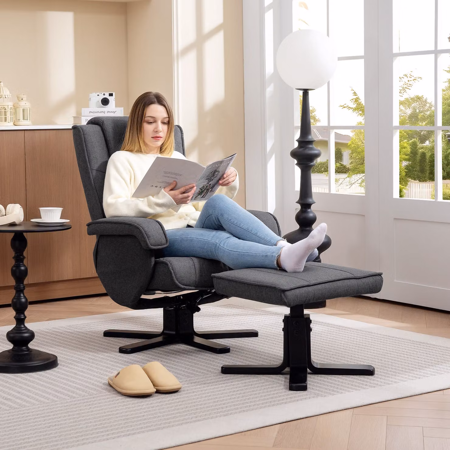 HOMCOM Rocker Swivel Recliner Chair with Footstool in Charcoal Grey Linen – 2