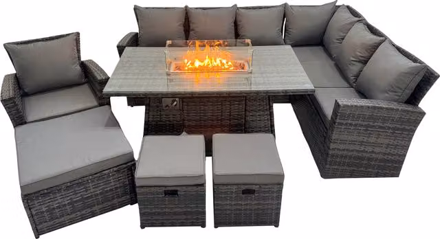 Fimous Rattan L-Shape Corner Sofa Set with Gas Fire Pit Table and 3 Footstools in Dark Grey – 1