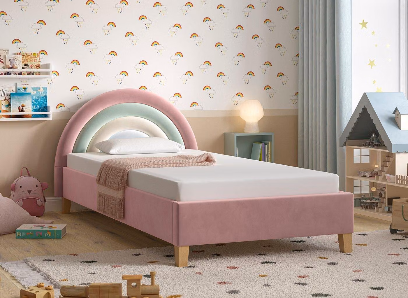Dreams Rainbow Kids Upholstered Velvet Bed Frame in Multicolour and Pink