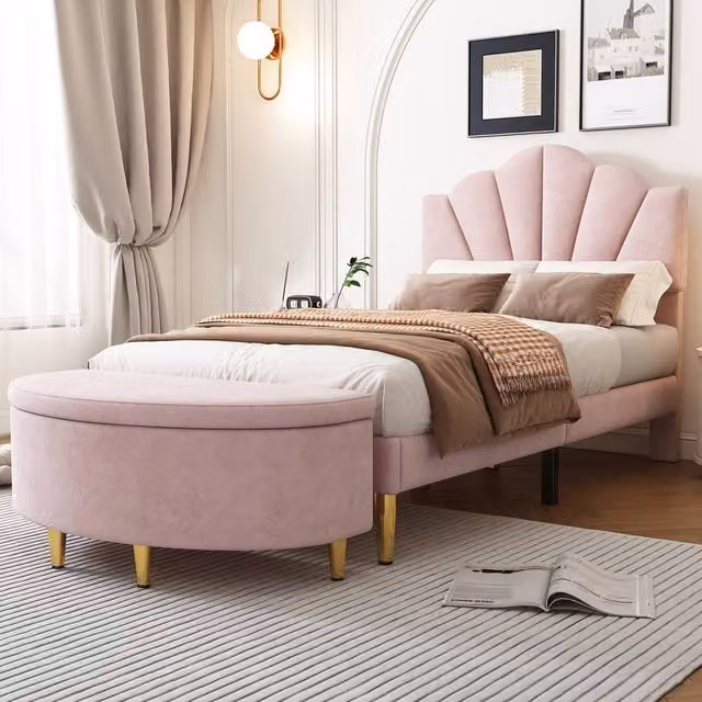 BTM Pink Velvet Single Bed with Shell Design and Storage Bench, W/D/H: 90 x 190 x 40.5 cm – 1