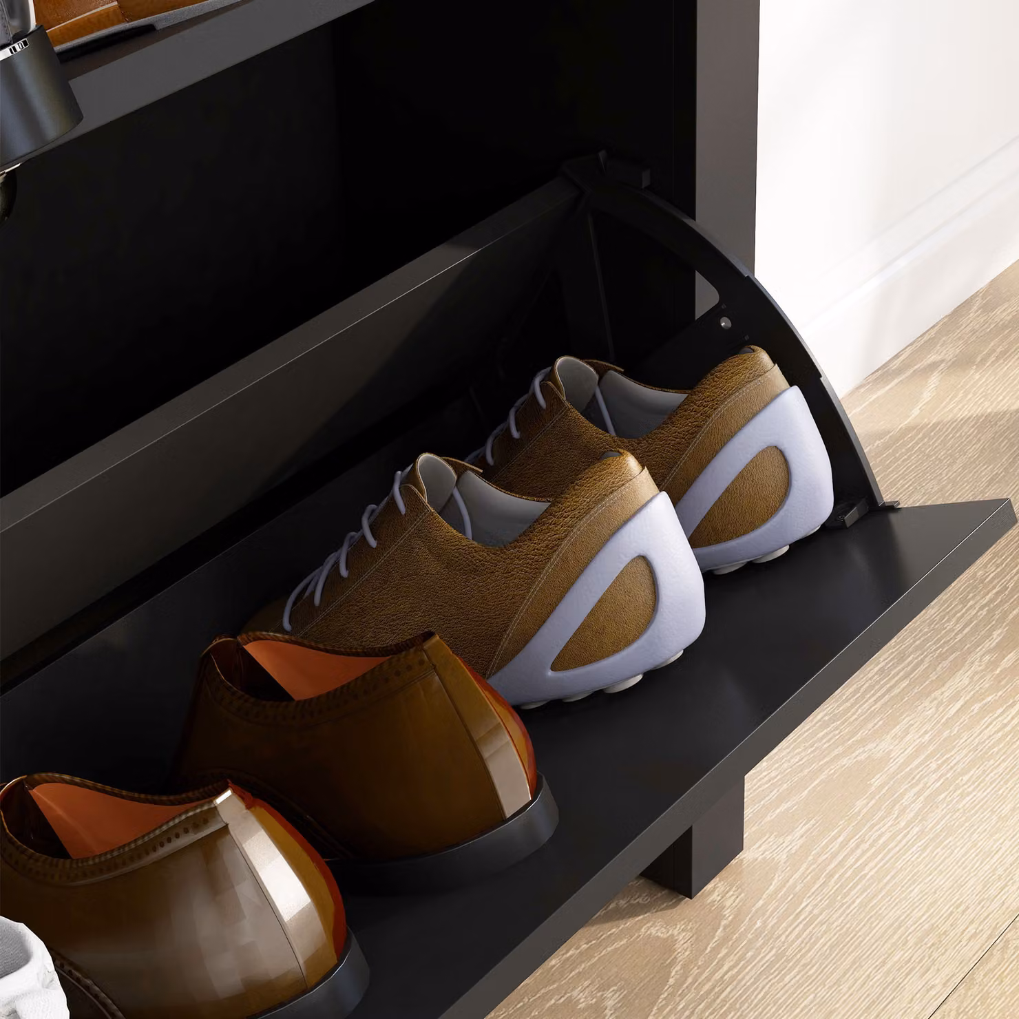 HOMCOM Modern Narrow 2 Drawer Shoe Cabinet in Black with Tilting Compartments and Adjustable Shelves for 12 Pairs, H: 90.5 cm, W: 79.0 cm, D: 20.0 cm – 5