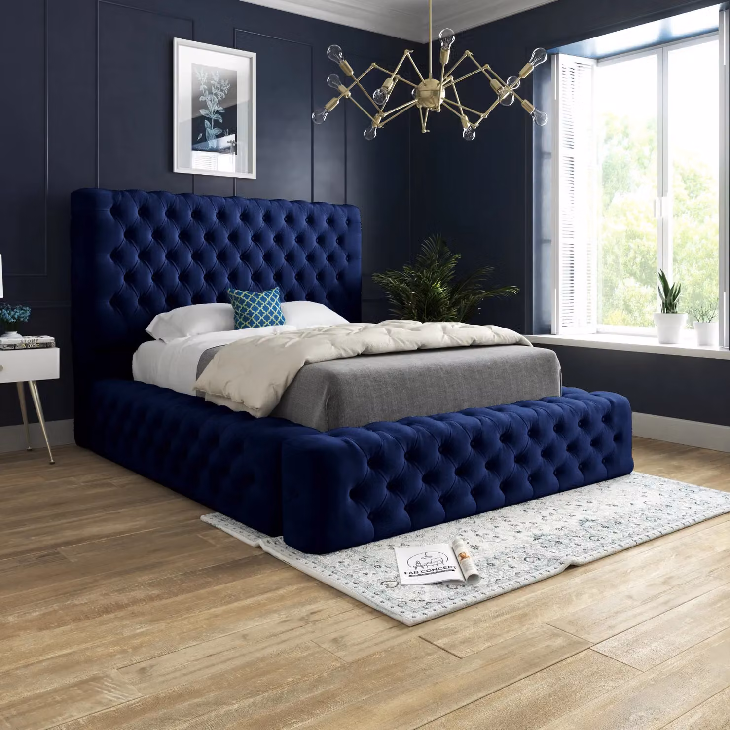 Casani Chesterfield Upholstered Velvet Bed Frame in Blue, W/D/H: 175 x 140 x 137 cm – 2