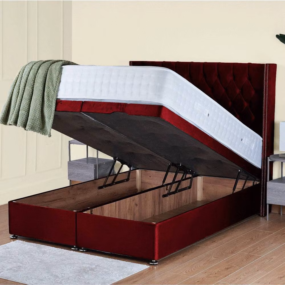 UK Bed Furniture Francesca End Lift Divan Ottoman Bed with 54 Inch Diamond Headboard in Red Velvet, Super King, W/D/H: 200 x 160 x 137.16 cm – 2
