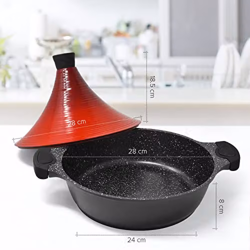 Joeji's Kitchen Non-Stick Aluminium Tagine Casserole Pot, Red, 28 cm – 2
