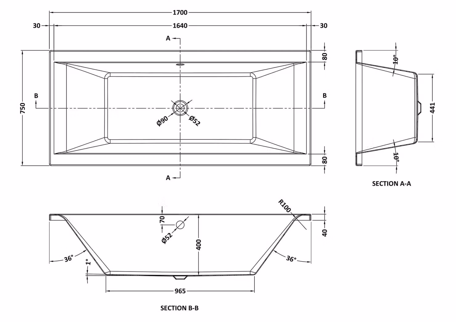 Balterley Modern Rectangular Double Ended Straight Shower Bath, White, W: 170 cm, D: 75 cm – 3