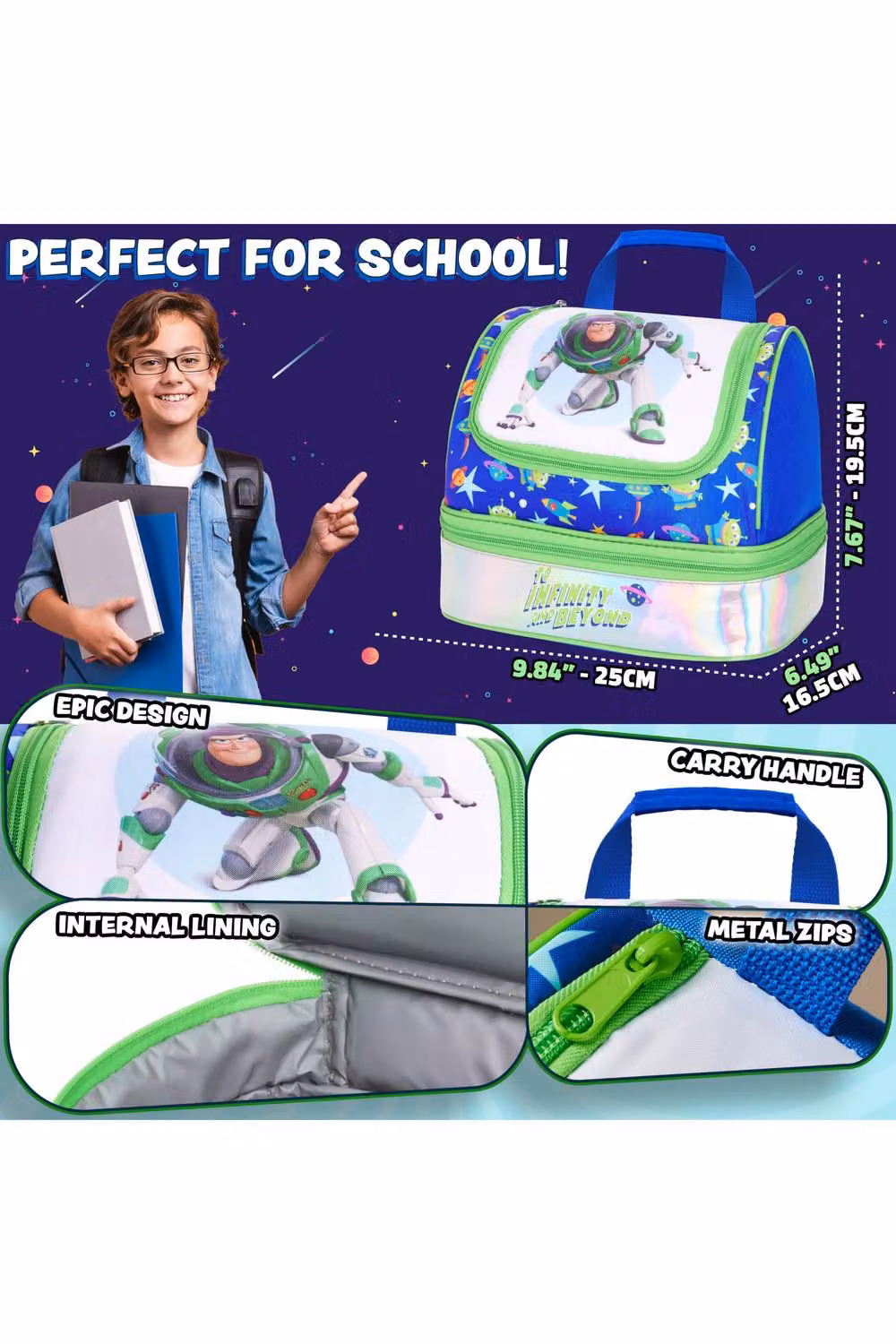 Disney Toy Story Buzz Lightyear Insulated Kids Lunch Bag with Dual Compartments in Green and Multicolour – 8
