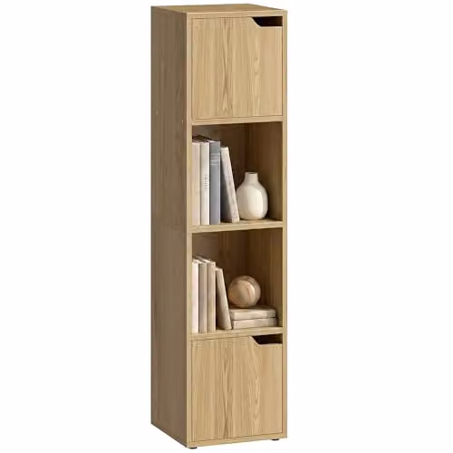 HOMCOM 4-Tier Oak Bookcase with 2 Cabinets and Open Shelves, Brown – 1