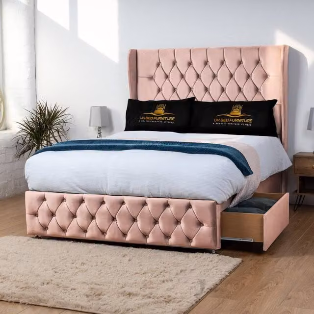 Luxor Living Luxor Wingback Divan Bed with 54 Inch Headboard and 2 Foot End Drawers, Pink, King Size, W/D/H: 180 x 200 cm