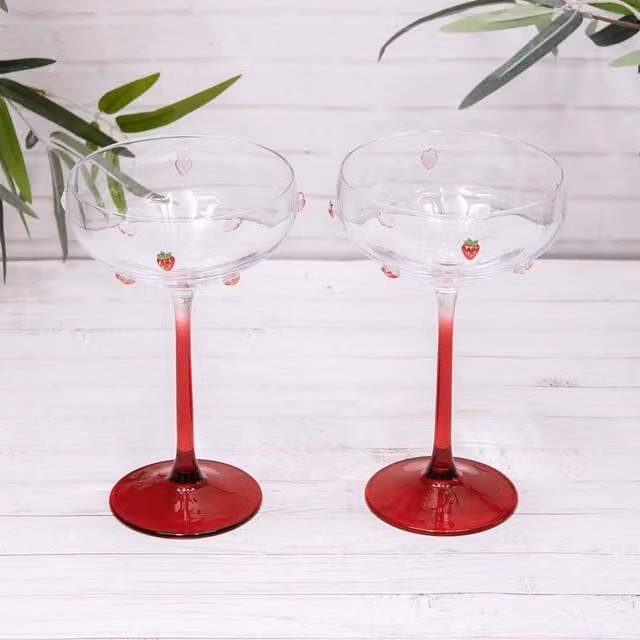 Annibells Set of 2 Red Floral Strawberry Coupe Champagne Cocktail Glasses in Transparent Glass