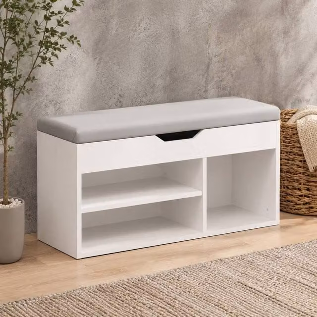 STILVORA Shoe Storage Bench with Hidden Storage in Beige Synthetic Leather, W/D/H: 100 x 30 x 43 cm – 1