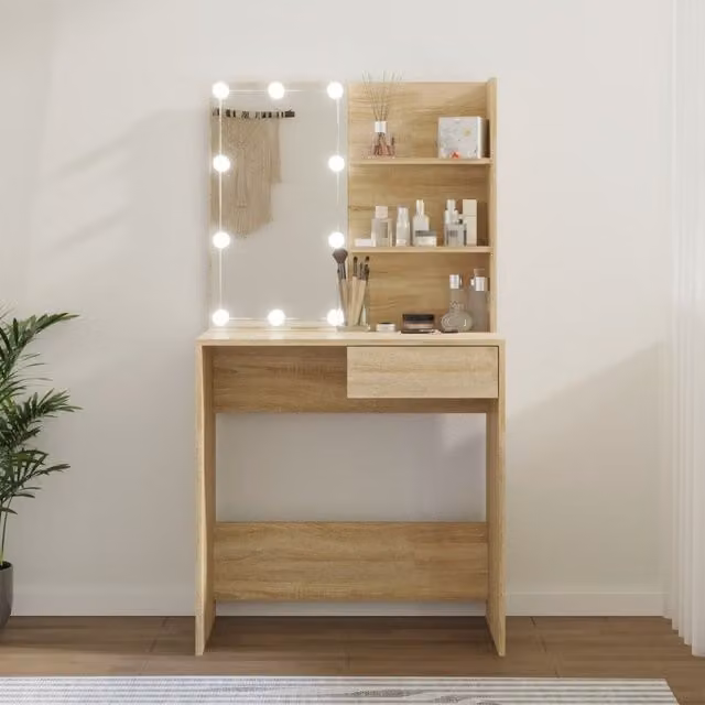 Berkfield Home Hollywood LED Dressing Table in Sonoma Oak Brown, W: 74.5 cm, D: 40 cm, H: 141 cm