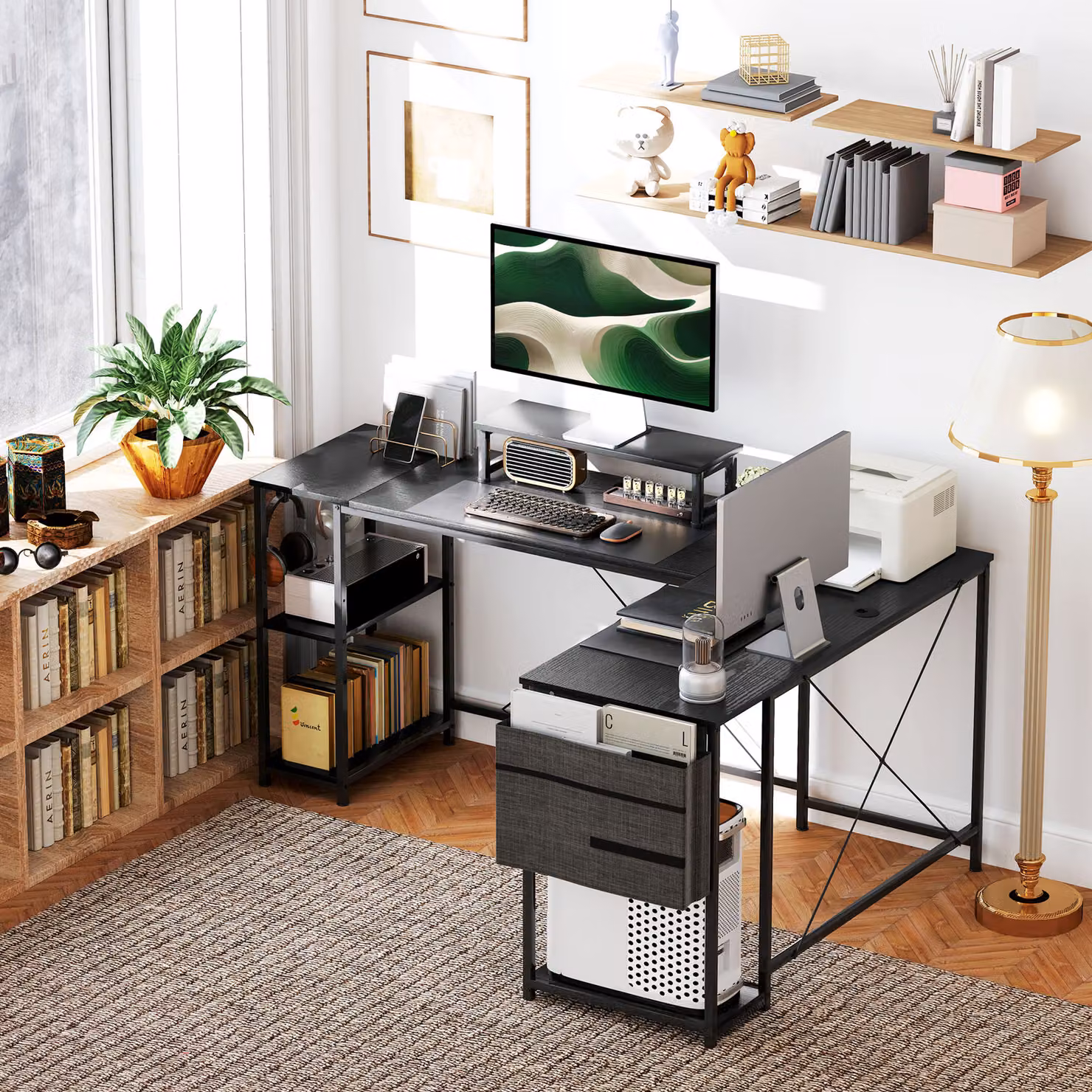 HOMCOM Black Reversible L Shaped Industrial Corner Computer Desk with Adjustable Shelf, Monitor Stand and Storage Bag, 168 cm – 8