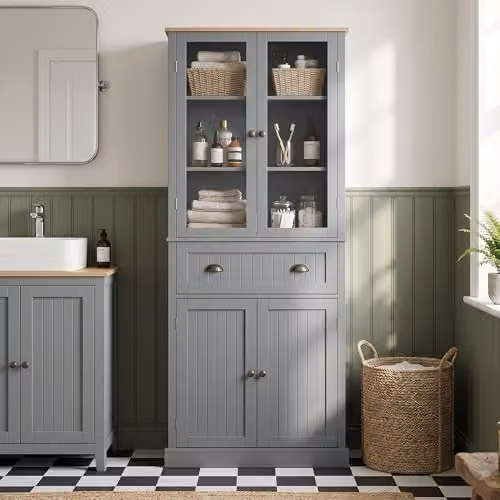 HOMCOM Grey Freestanding Tall Kitchen Cupboard with Glass Doors and Drawers, W: 45.8 cm, D: 40.0 cm, H: 182.5 cm – 6
