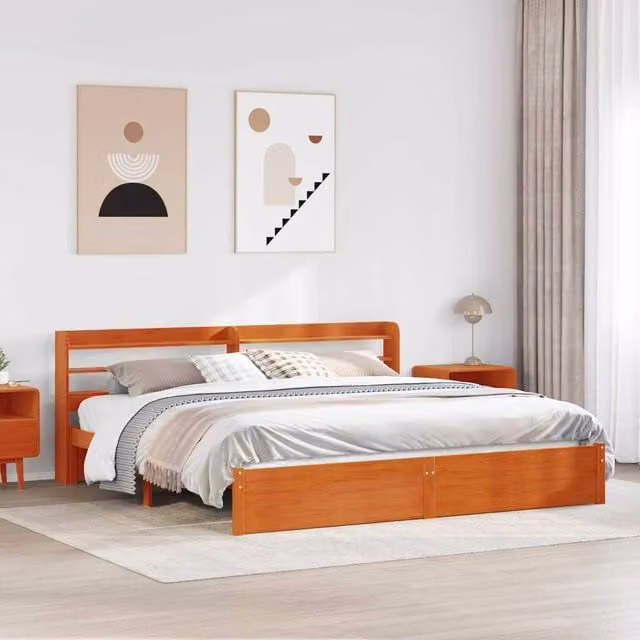 Berkfield Home Modern Solid Pine Wood Bed Frame with Headboard and Side Compartments, Wax Brown, 200 x 200 cm