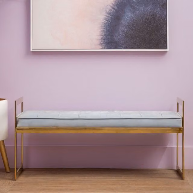 Orsina Modern Velvet Accent Bench in Powder Blue and Silver with Gold Finish, W/D/H: 120 x 40 x 56 cm