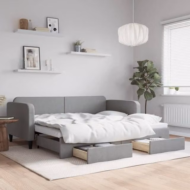 Berkfield Home Daybed with Trundle and Drawers in Light Grey Fabric, W/D/H: 90 x 190 cm