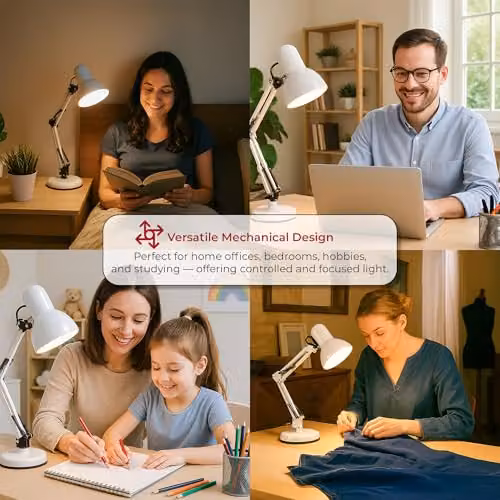 Innoteck Swing Arm Desk Lamp in White, Adjustable Metal Architect-Style Task Lamp with E27 Socket and Stable Base – 6