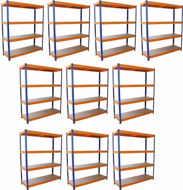 S-Rax 10 Pack Blue Metal and MDF Freestanding Racking with Adjustable Shelves, H x W x D: 180 x 150 x 50 cm