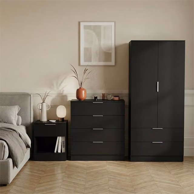 FORGEVIO 3 Piece Modern Trega Solid Wood Bedroom Furniture Set in Black