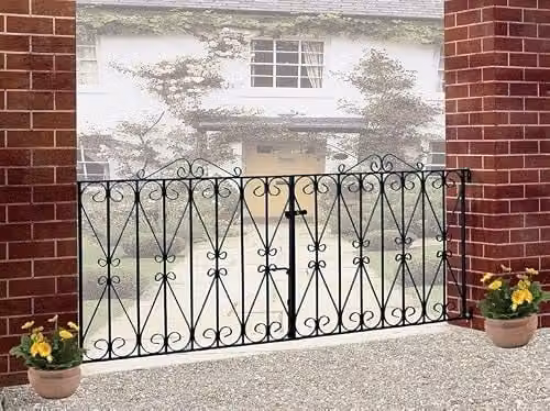 Burbage Iron Craft Regent Scroll Double Swing Driveway Gate in Black Galvanised Steel, W: 243.8 cm, H: 91.4 cm