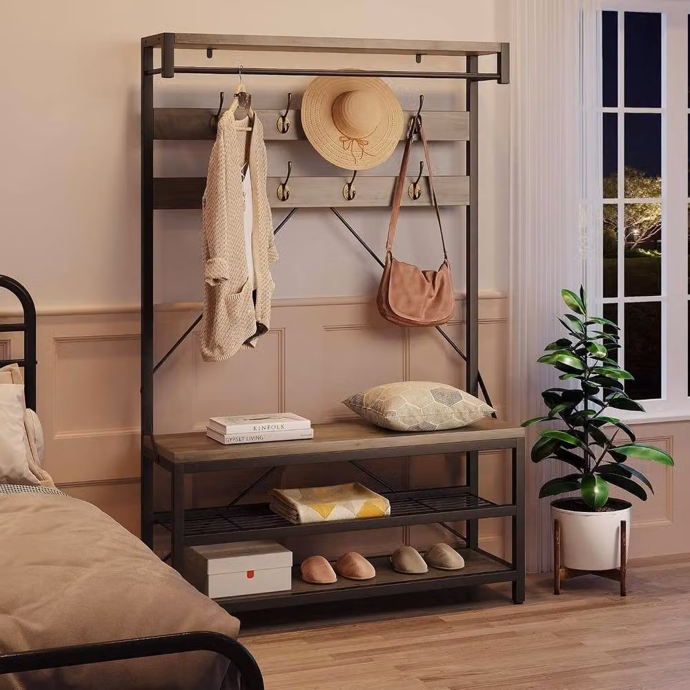 London Boutique Hall Tree Coat Rack with Shoe Bench and 8 Hooks, Grey, H 183 x W 136 x D 40 cm – 5