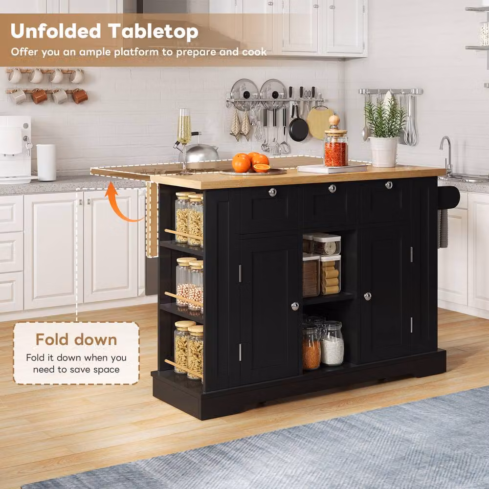 Matteo Farmhouse Style Mobile Kitchen Island with Dropleaf and Power in Black, W/D/H: 120 x 40 x 100 cm – 5